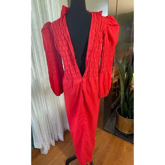 Vintage 70s red dress, smocked bodice with long sleeves, ankle length, 10/12 (L) - Picture 8 of 8